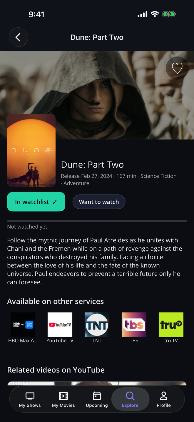 Dune: Part Two tracking details with watch status, a synopsis, and availability information for other services.