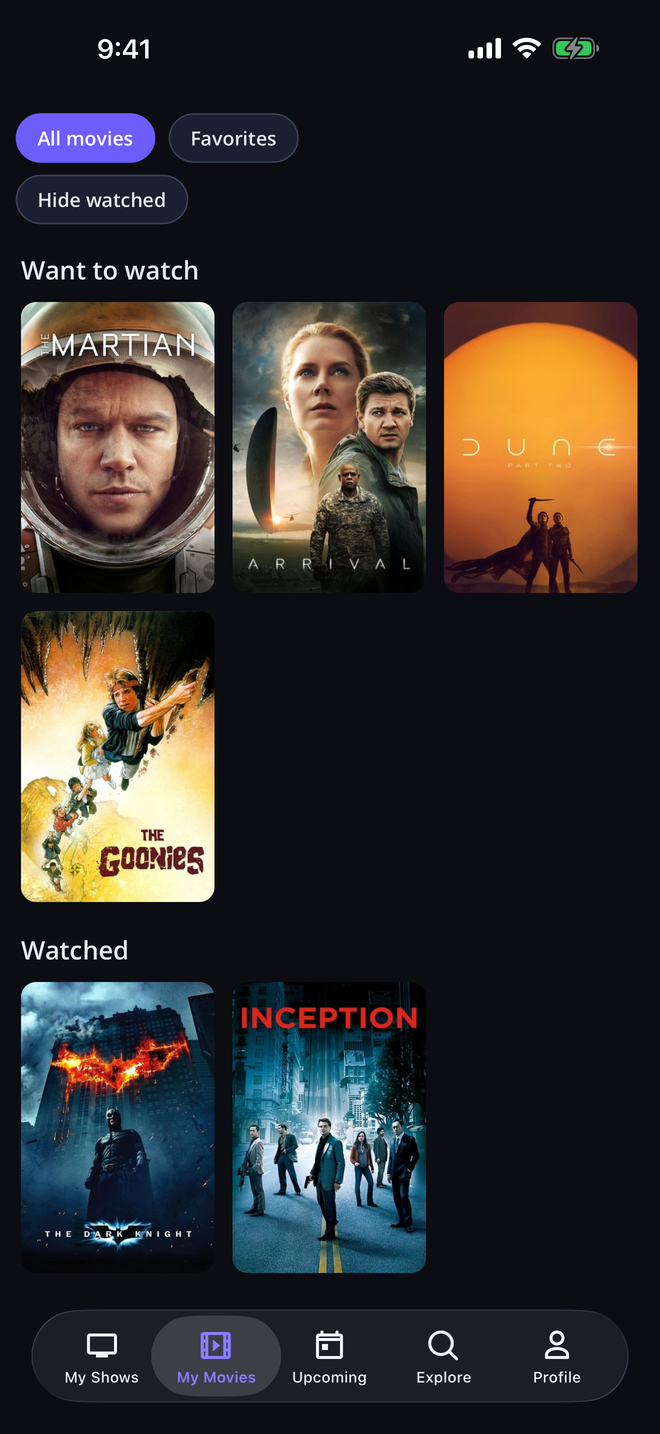 The IchnosTV My Movies watchlist with saved movies, including The Goonies.