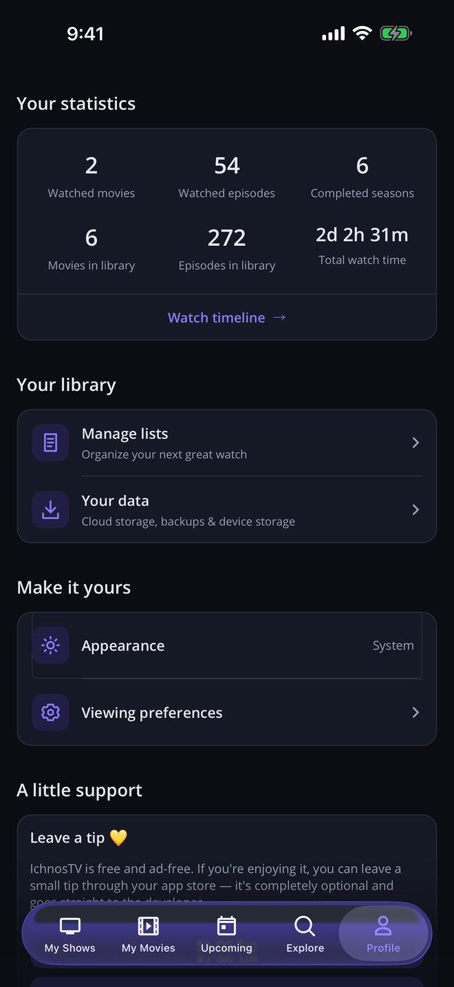 The IchnosTV Profile overview showing 6 completed seasons, 54 watched episodes, Watch timeline, Manage lists, and Your data.